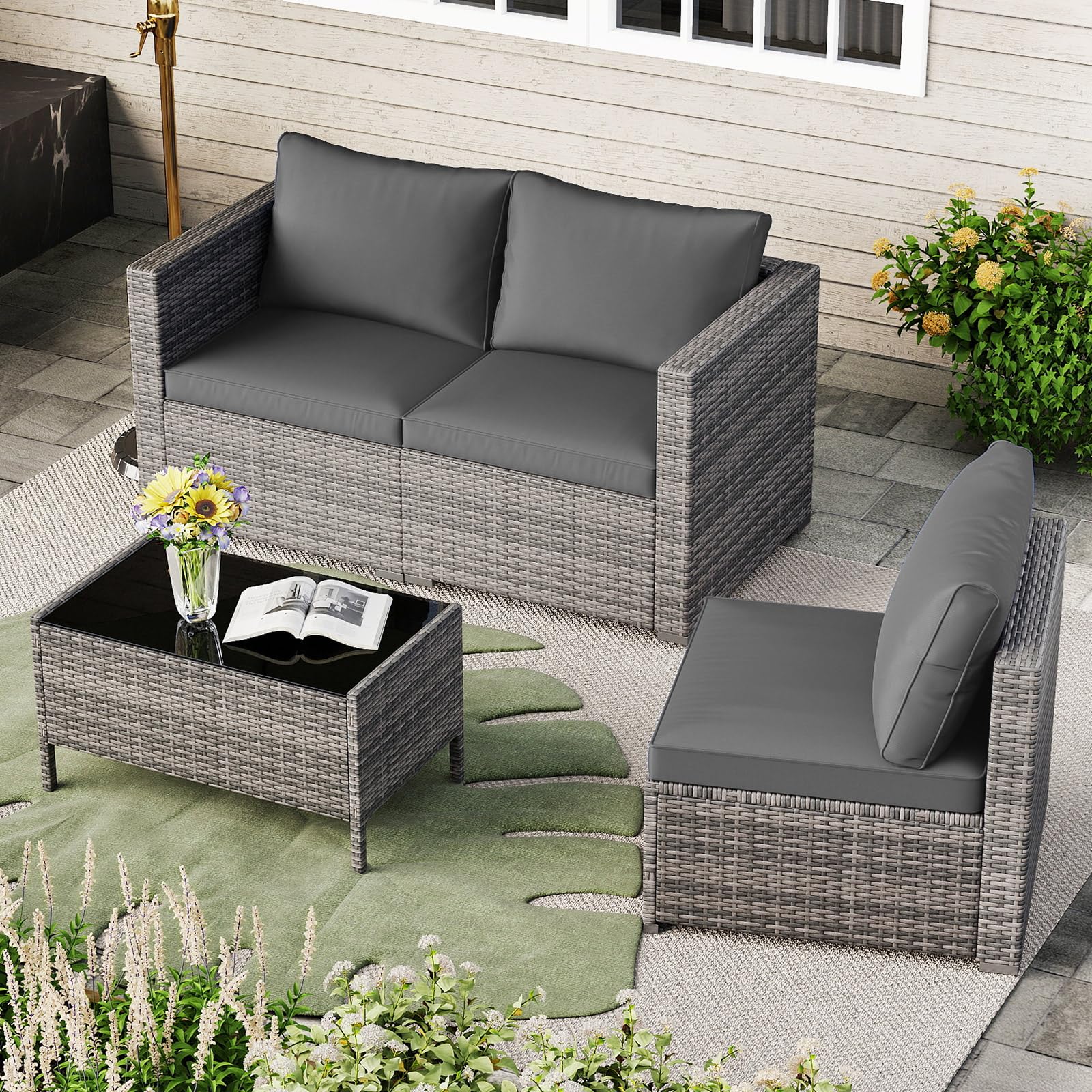 GIANTEX Divano da Giardino a 3 Posti in Rattan con Cuscino Imbottito, Mobili per Terrazza e Balcone, Colore Beige/Grigio, 193 x 67 x 61,5 cm (Grigio)
