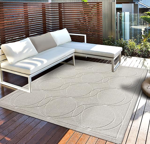 the carpet Santo Plus dywan outdoorowy, odporny na warunki atmosferyczne, wysokiej jakości dywan na balkon, kremowy, styl boho, 200 x 290 cm, z polipropylenu
