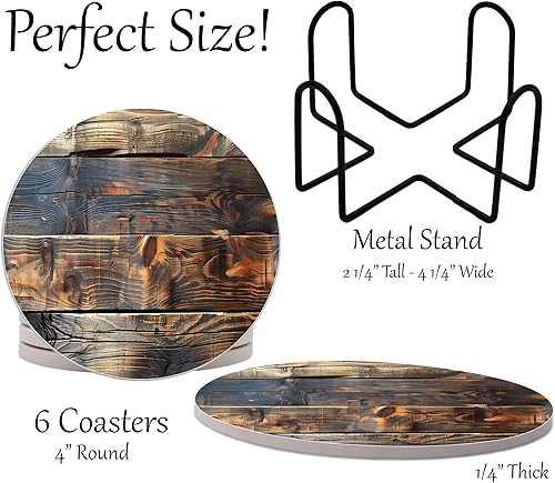 Miniatura 2 de Abosrbent - Juego de 6 posavasos redondos de grano de madera rústica marrón con soporte de metal para bebidas, café, parte trasera de corcho