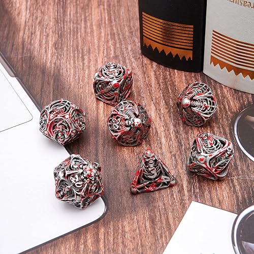Miniatura 5 de Juego de dados DND de metal hueco, calaveras, manchas de sangre antiguas, juego de 7 piezas para Dungeons and Dragons RPG MTG, D&D Pathfinder