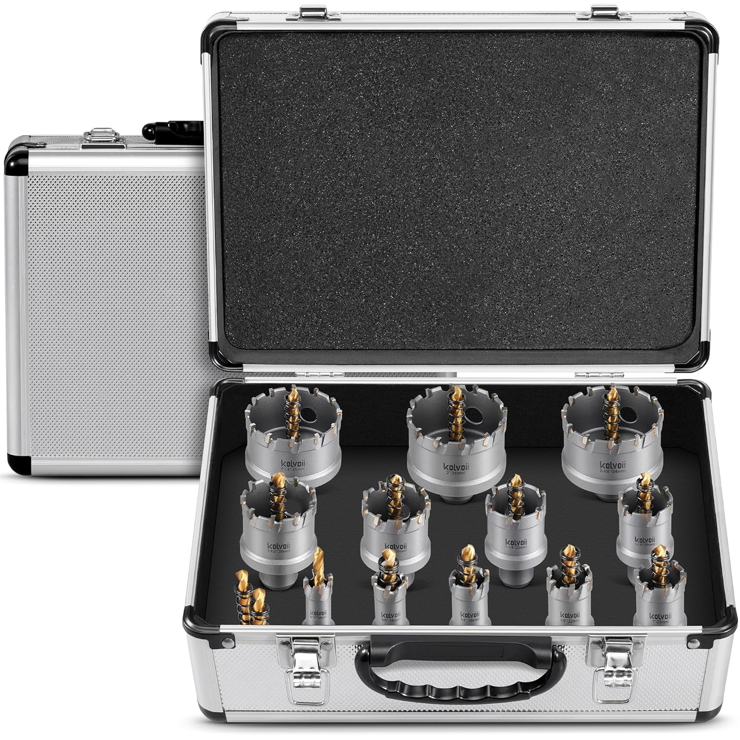 Kolvoii 14 PCS TCT Hole Saw Kit for Hard Metal, 9/16"-2-1/8" Tungsten Carbide Tipped Hole Saw Drill Bit Heavy Duty Carbide Hole Cutter Set with Aluminum Box 2 Extra Pilot Drill Bits