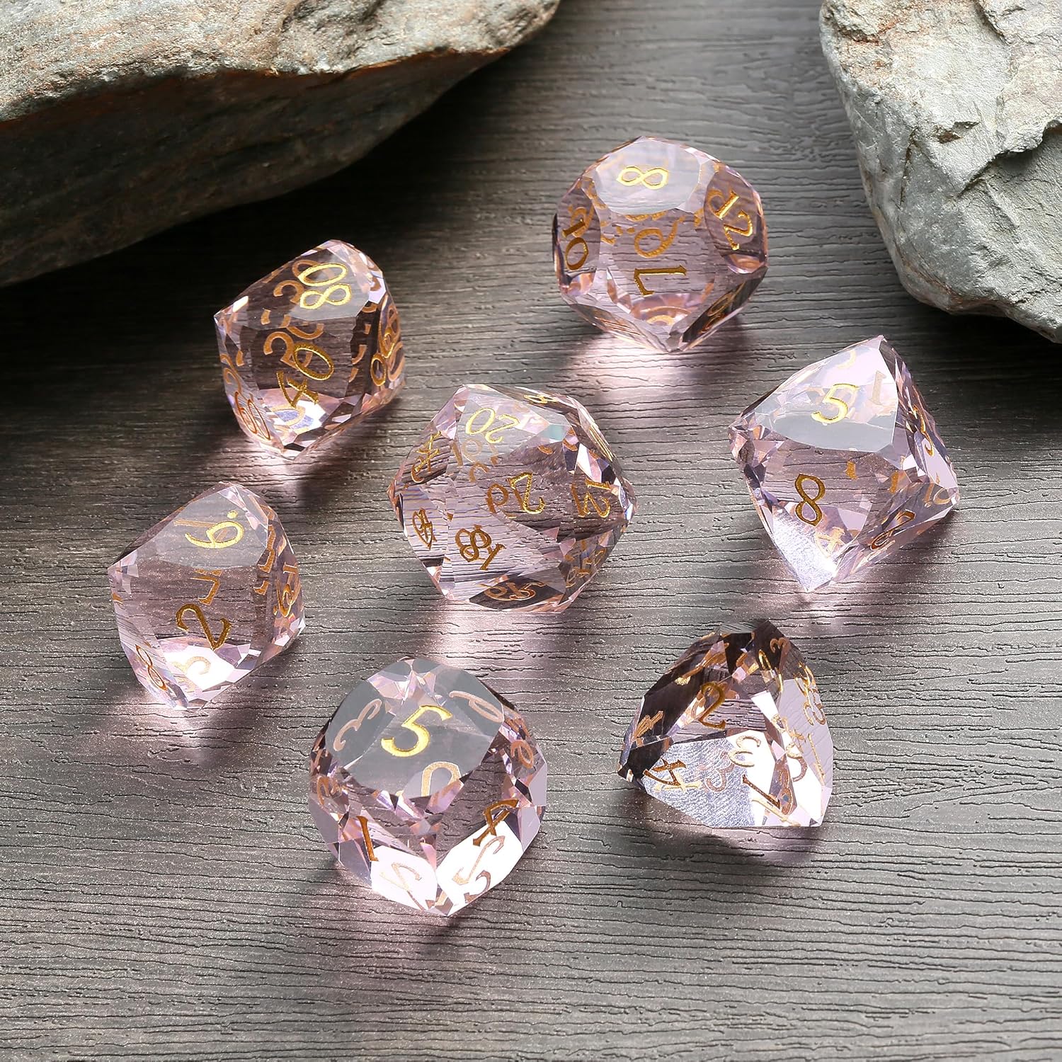 DNDND 7-Piece Glass DND Dice Set - Multifaceted Pink Dice Set for Dungeons and Dragons, Tabletop Gaming, Collectors | Premium Gift Box & Durable Design (Pink)