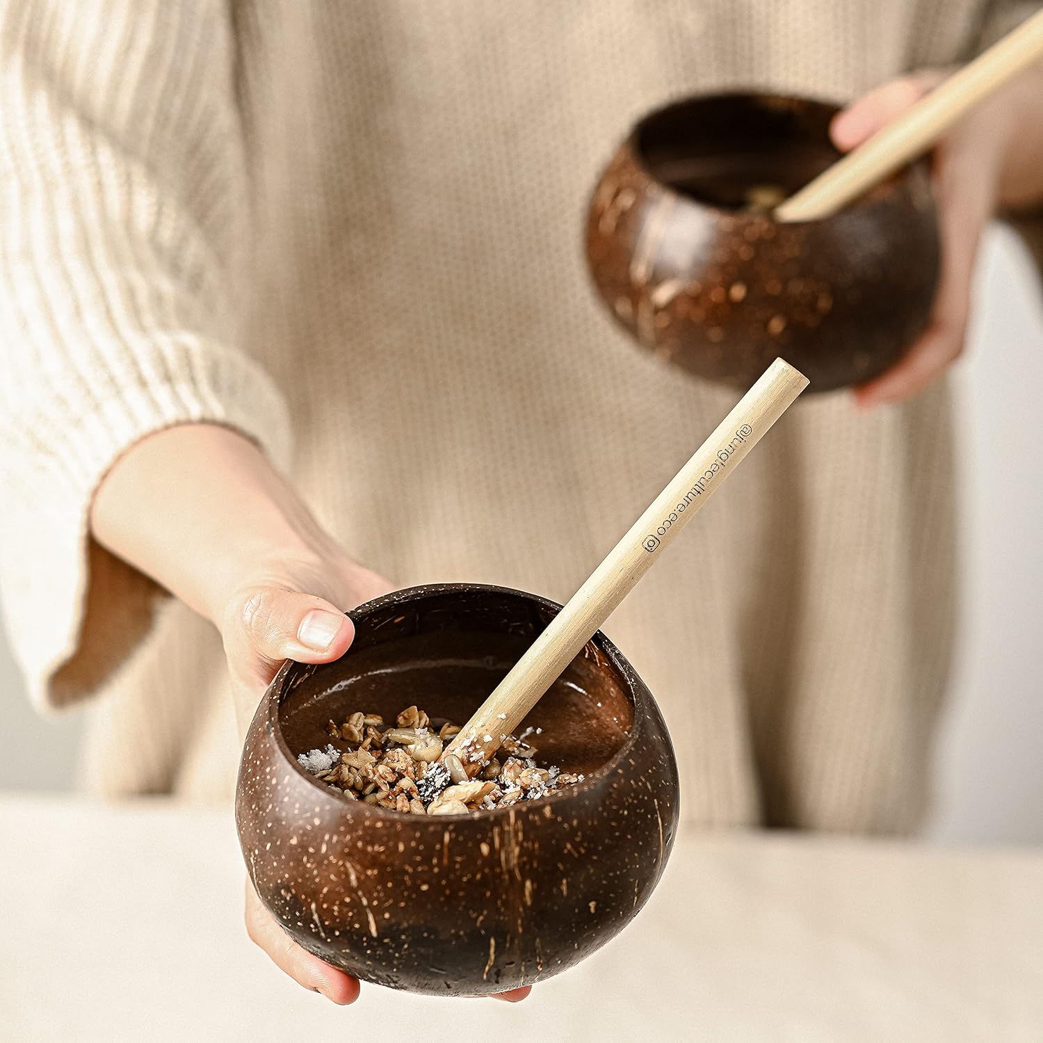 Jungle Culture® Real Coconut Shell Cups for Malibu Cocktails & Smoothies • Small Coconut Bowls & Bamboo Straws • Natural Wooden Cup • Drinking Mugs/Tumblers for Party • Zero Waste Sustainable Gifts - Image 7