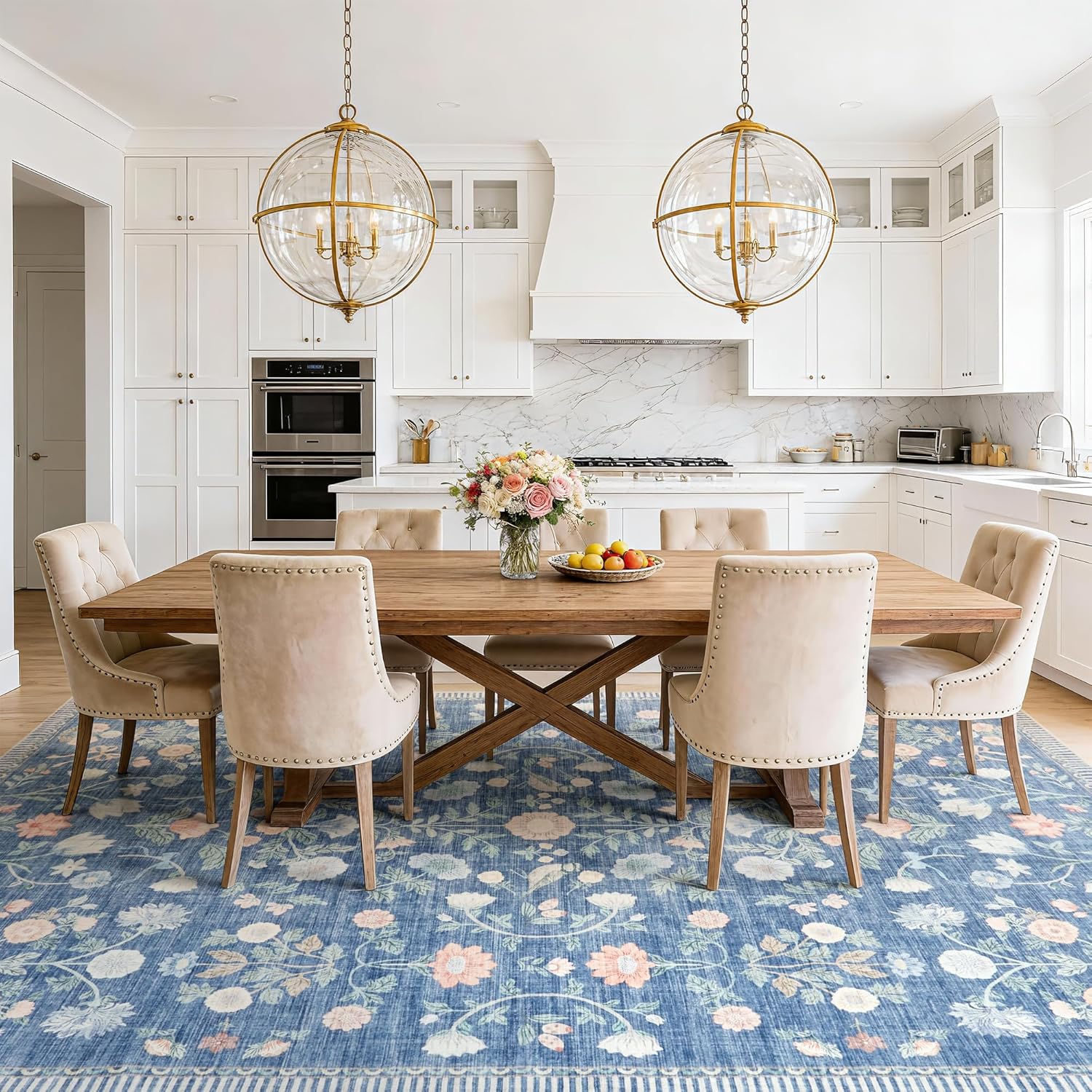 Garvee 9x12 Area Rugs Living Room Rug: Vintage Washable Rug Floral Soft Carpet Indoor Floor Non-Slip Stain Resistant Large Carpets for Bedroom Kids Nursery Dining Room Farmhouse Home Office, Blue