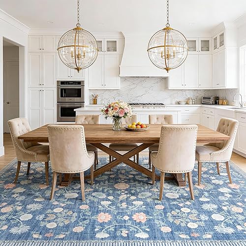 8x10 Area Rugs Living Room Rug: Vintage Washable Rug Floral Soft Carpet Indoor Floor Non-Slip Stain Resistant Large Carpets for Bedroom Kids Nursery Dining Room Farmhouse Home Office, Blue