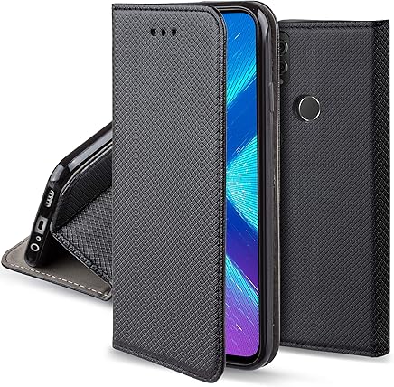 Moozy Funda para Huawei Honor 8X, Negra - Flip Cover Smart magn?tica con Stand Plegable y Soporte de Silicona