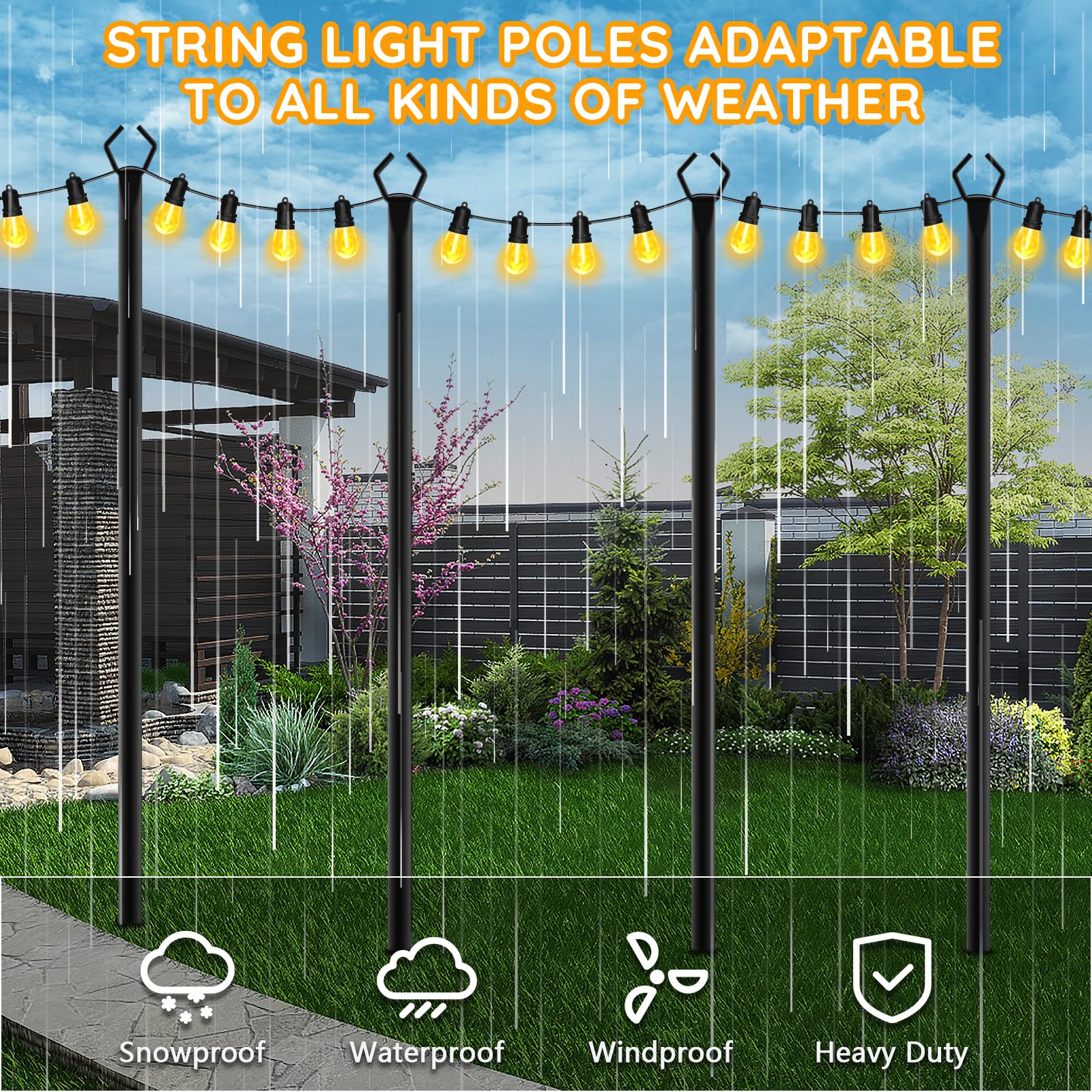 Paquete de 6 postes de luz de cadena para exteriores, poste de luz de metal bifurcado de 10 pies con soporte de luz ajustable para exteriores, terraza, patio trasero, jardín, boda, resistente al óxido 5
