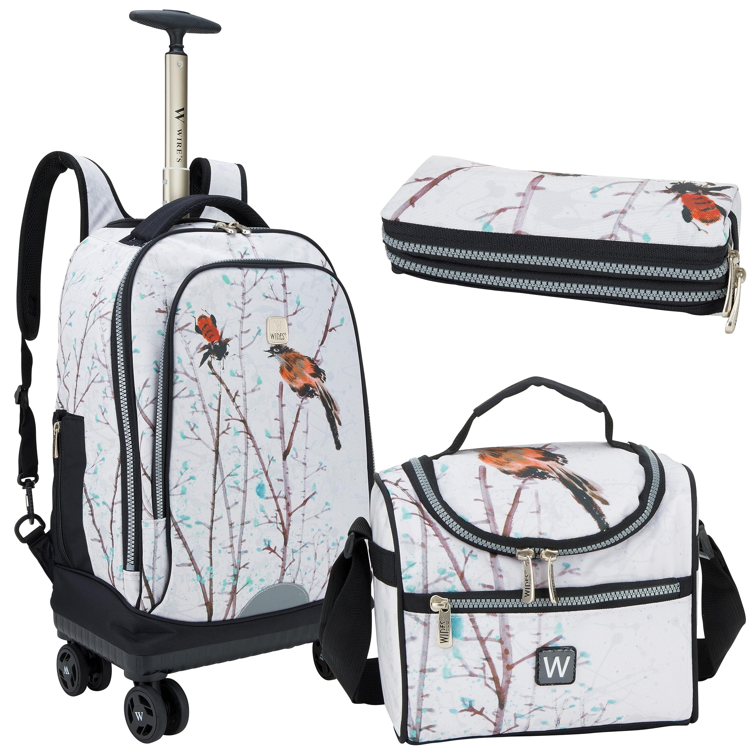 W WIRE'SWires Trolley Backpack for Shool Set of 3 All in One 4 Double Wheels Unisex Trolley backpack Includes Pencil case, Lunch bag, Laptop Compartment, Anti Theft Zipper (W24339)