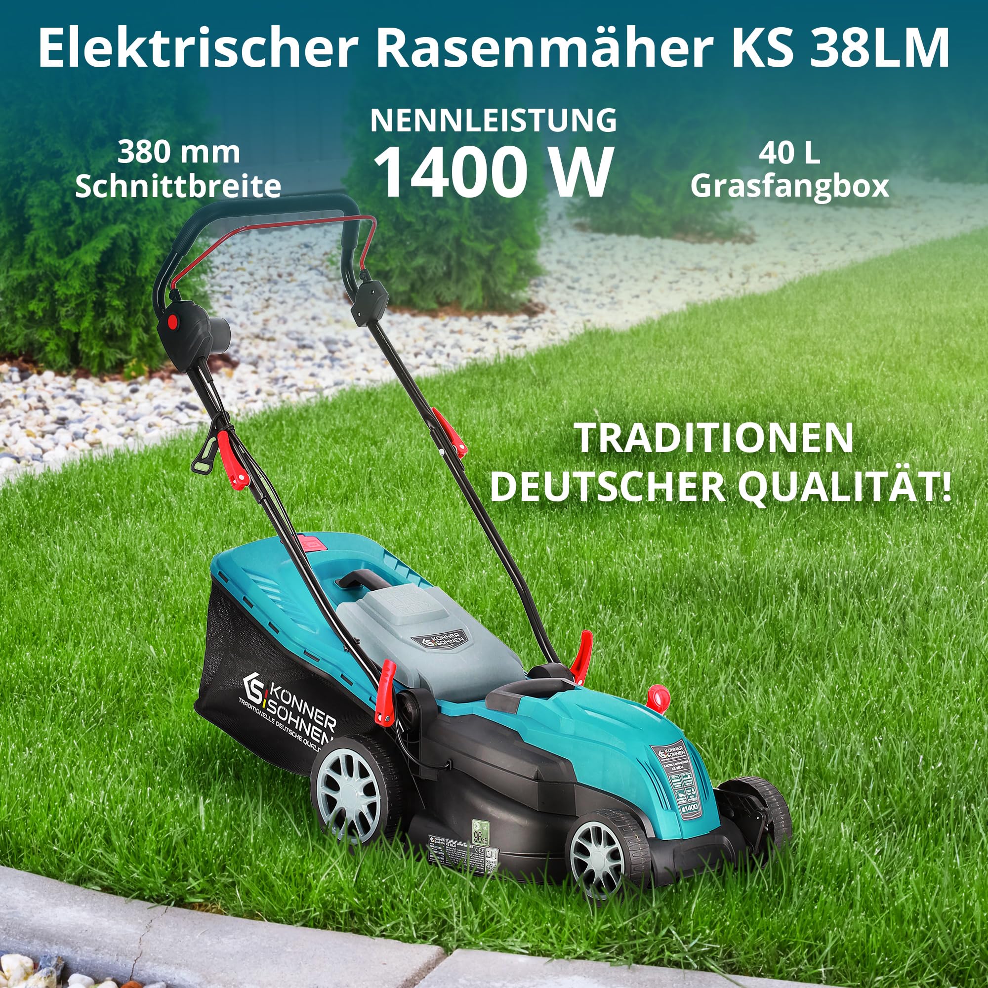 K&S Könner&Söhnen KS 38LM kosiarka elektryczna 1400 W, prędkość obrotowa biegu jałowego 3250 obr./min, szerokość cięcia 380 mm, wysokość cięcia 25-75 mm, 5 pozycji, pojemnik na trawę 40 l + KS GT-250