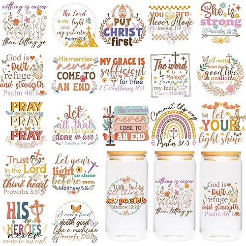 UV DTF Transfers Sticker - 20 Sheet Bible UV DTF Cup Wrap, Christian Scripture Cup Wrap Stickers for Glass, Religious Faith Decals, DIY Crafts for Believers
