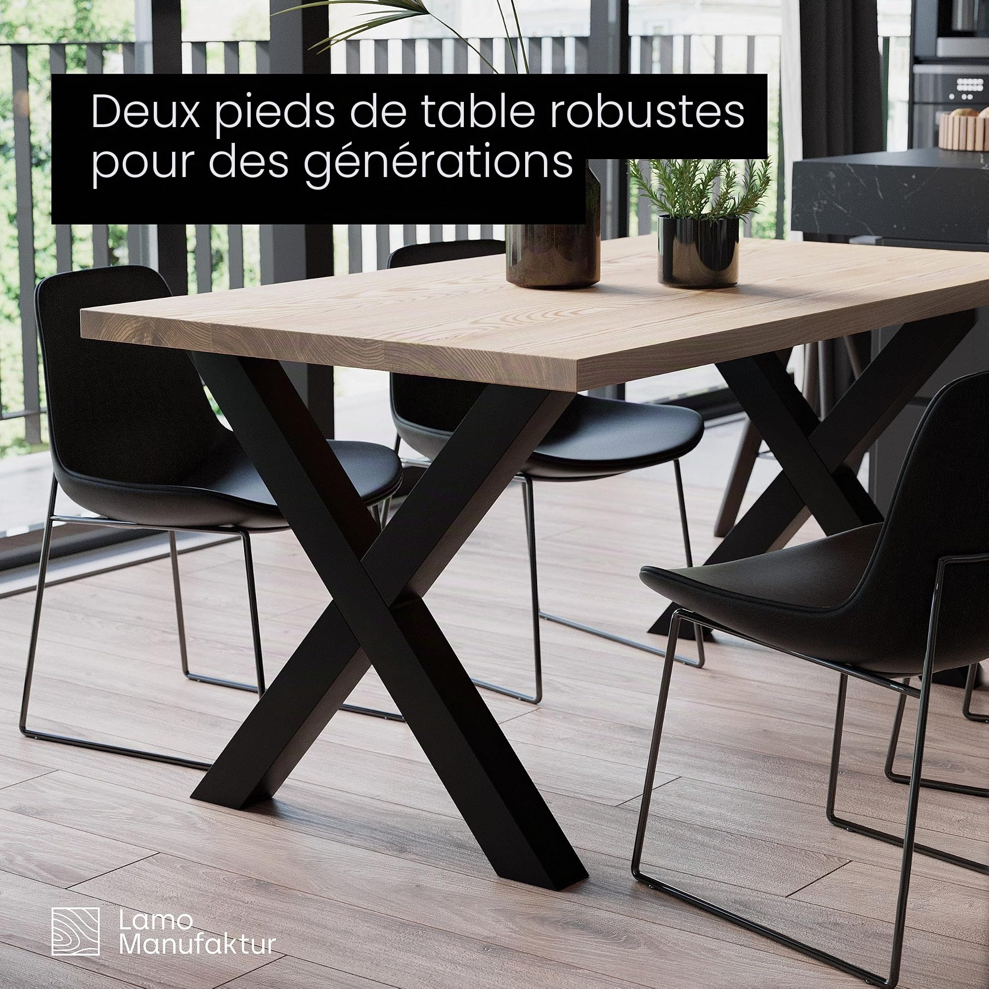LAMO Manufaktur Pieds pour Table à Manger | Pieds de Bureau, modèle : Mark Massive | Profil 80x80 mm | Taille 80x72 cm (L x H) | Noir| 2 pièces | LTS-03-J-FF-9005