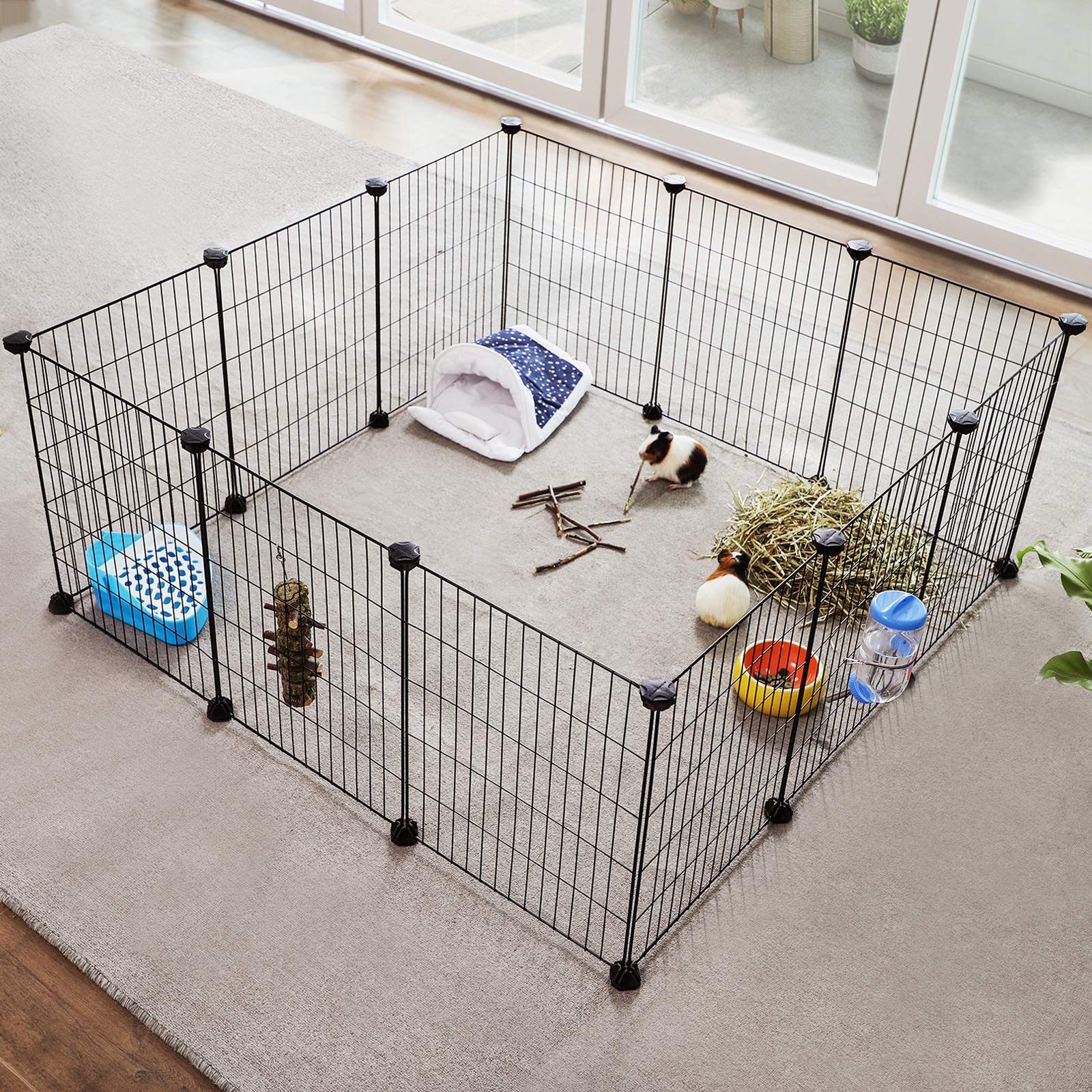 SONGMICS Recinto per Animali di Piccola Taglia, Recinzione Personalizzabile per Criceti, Conigli, Rete in Metello, Include Martelletto e Fascette, per Uso Interno, Nero LPI01H
