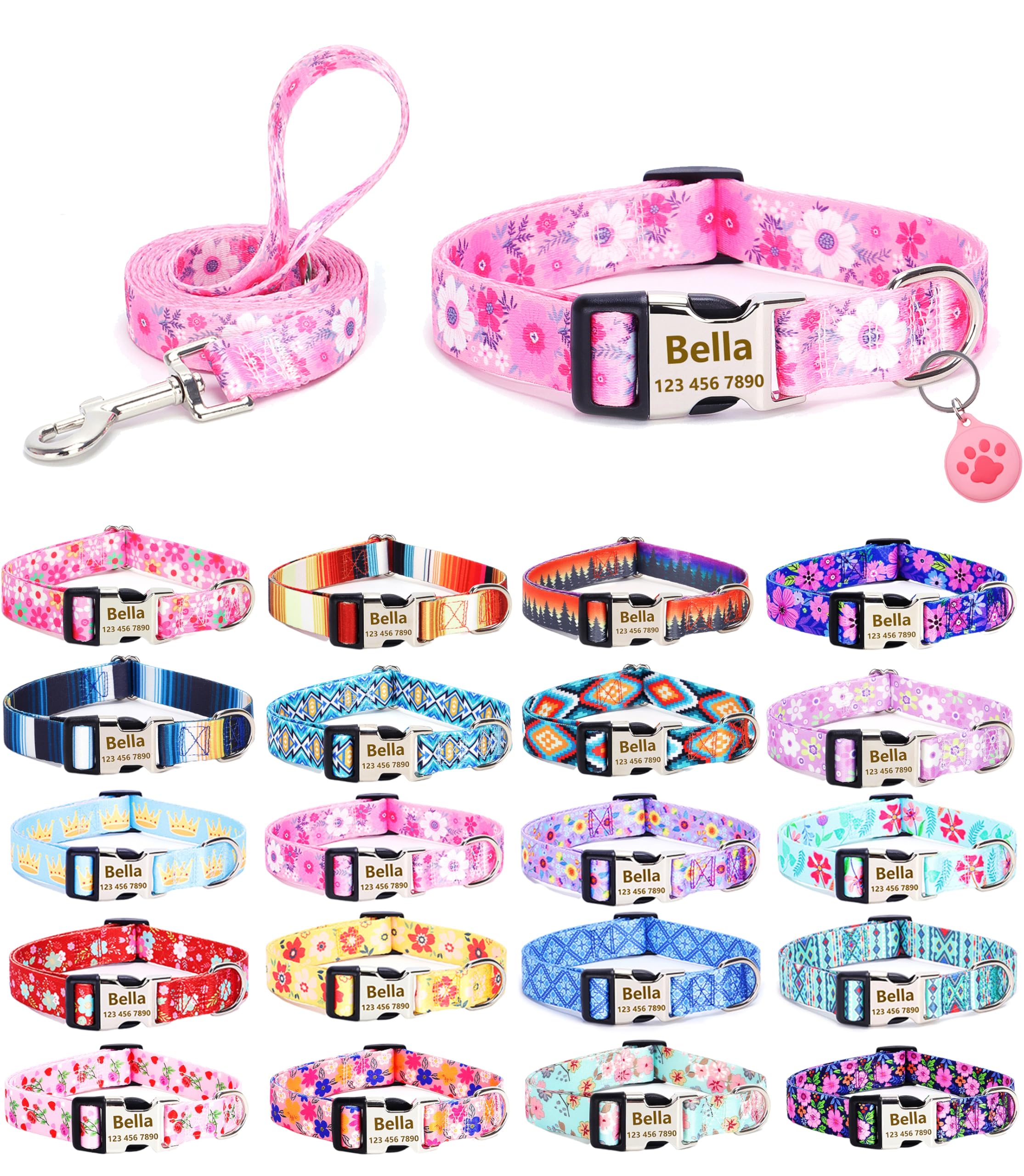 Moonpet Personalised Custom Customized Dog Collars Lead Airtag Holder Set with Name Phone Number for Puppy X-small Small Medium Large Boy Girl Dogs - Pink Flower-L