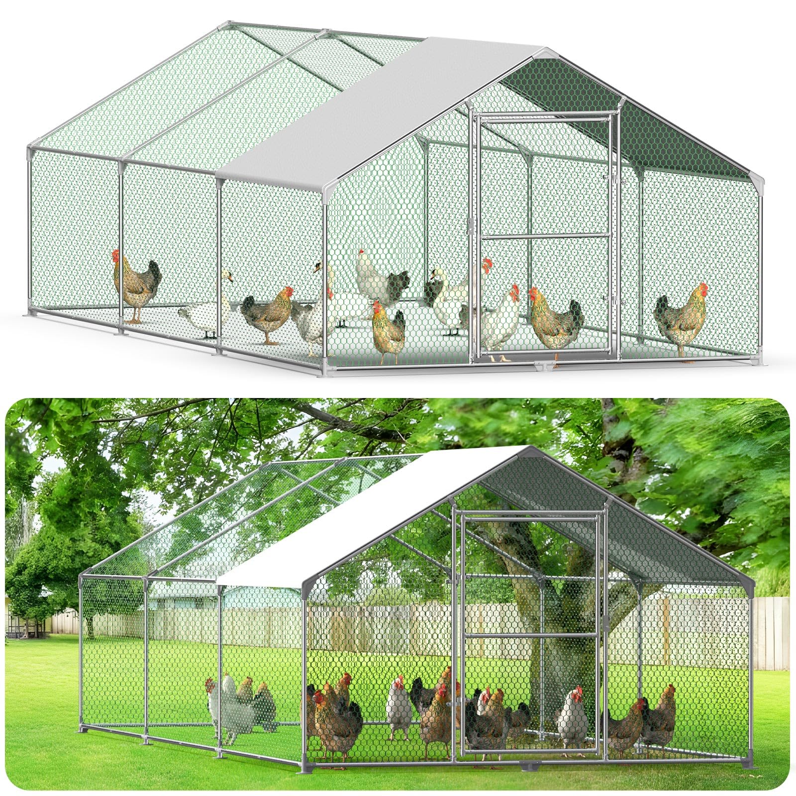 Pollaio per Galline da Esterno, Mangiatoia per Galline Rete per Pollaio con Serratura Gabbia in Metallo Zincato Tetto Ombreggiante Rivestito in PVC per Polli Conigli Piccoli Animali, 6x3x2m