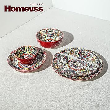 Homevss Boho 10 Pieces Dinnerware Sets, Plates and Bowls Set, Porcelain Dishes Set for 2, Microwave and Dishwasher Safe, Scratch Resistant, Bohemian Style Dining Ware, Red