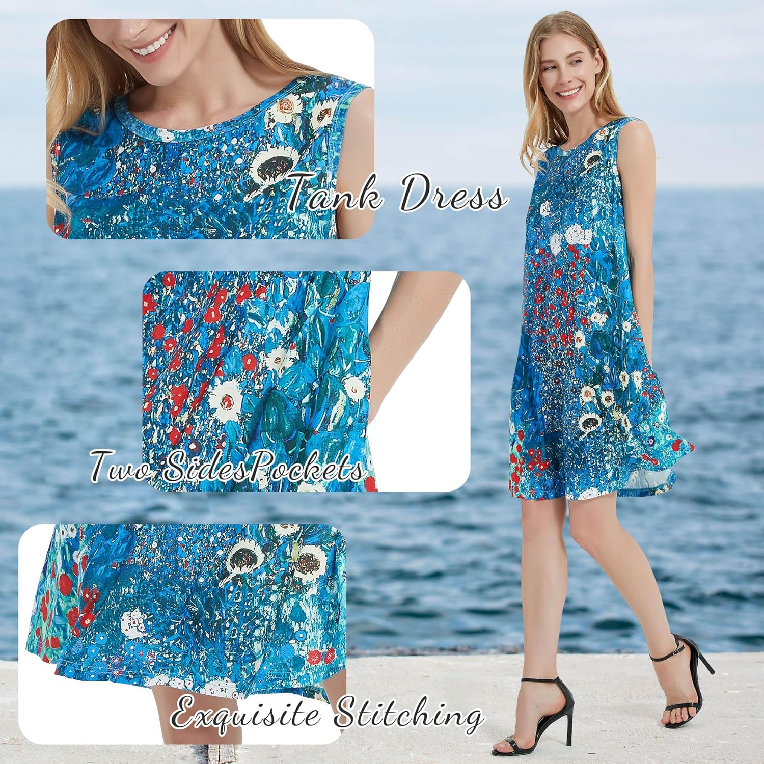 Scotamalone Summer Dresses for Women 2023 Beach Floral Tshirt Sundress Sleeveless Pockets Casual Loose Tank Dress - Image 4