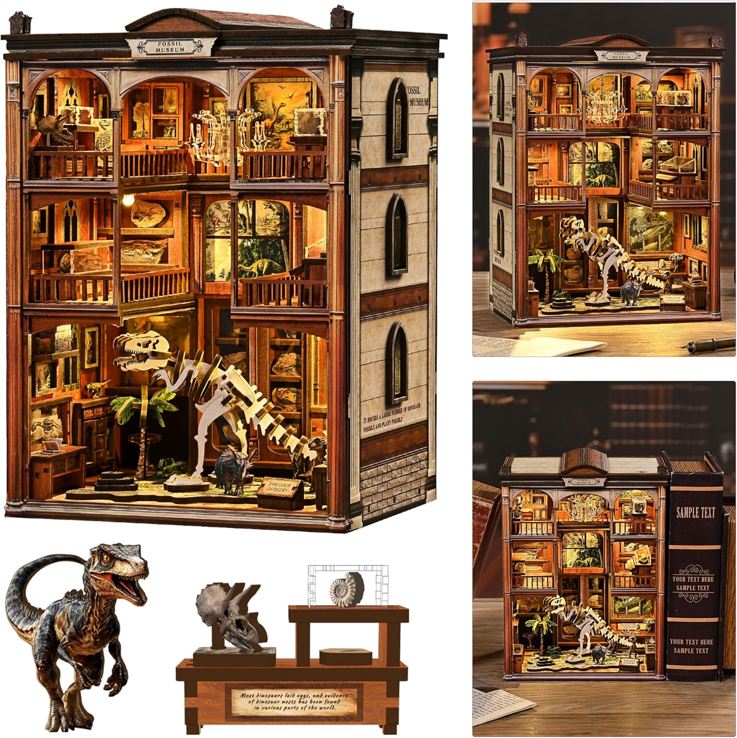 ISSEVE Book Nook Kits for Adults, DIY Booknook Kit Miniature Dollhouse Book Nooks, 3D Wooden Puzzle Model Building Creative Bookshelf Home Decoration Adult Crafts Kits Gift (Dinosaur Fossil Museum)