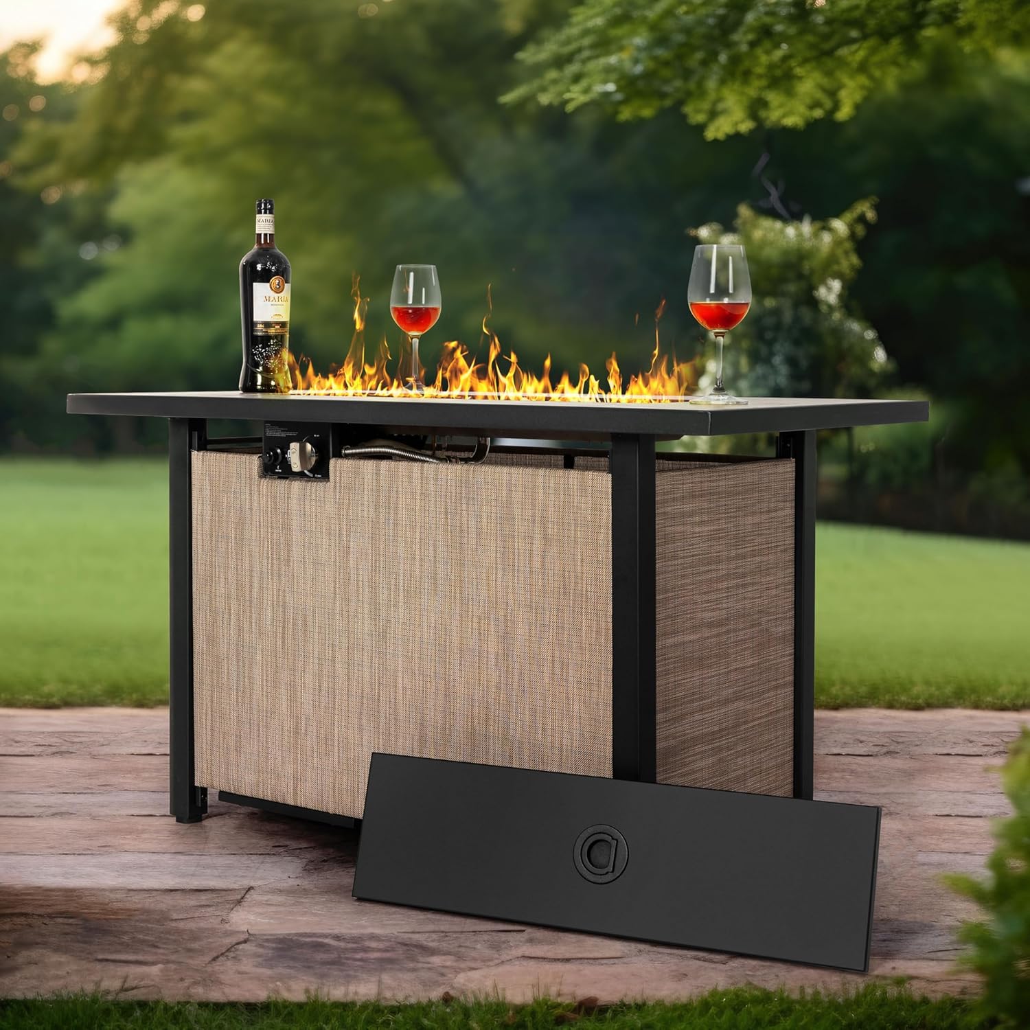 Nuu Garden 43” Propane Fire Pit, CSA-Listed Outdoor Fire Pit Table, 50,000 BTU Gas Fire Pit with Lid and Glass Beads, 2-in-1 Rectangular Fire Pit for Outside Backyard Patio, Light Brown