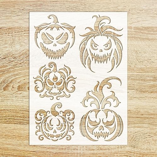 Plantilla decorativa FLONZ de 6 x 8 pulgadas, varios diseños aterradores de Jack o' Lantern para pintura de pared, álbumes de recortes y decoración
