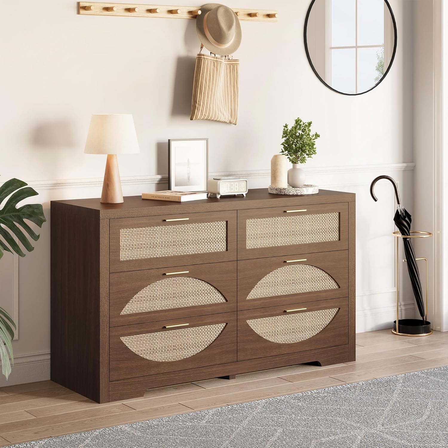 6 Drawer Rattan Dresser for Bedroom,Boho 47.2" Wide Wood Chest of Drawers,Dresser TV Stand with Metal Handle,Large Storage Closet Organizer for Living Room,Hallway,Walnut