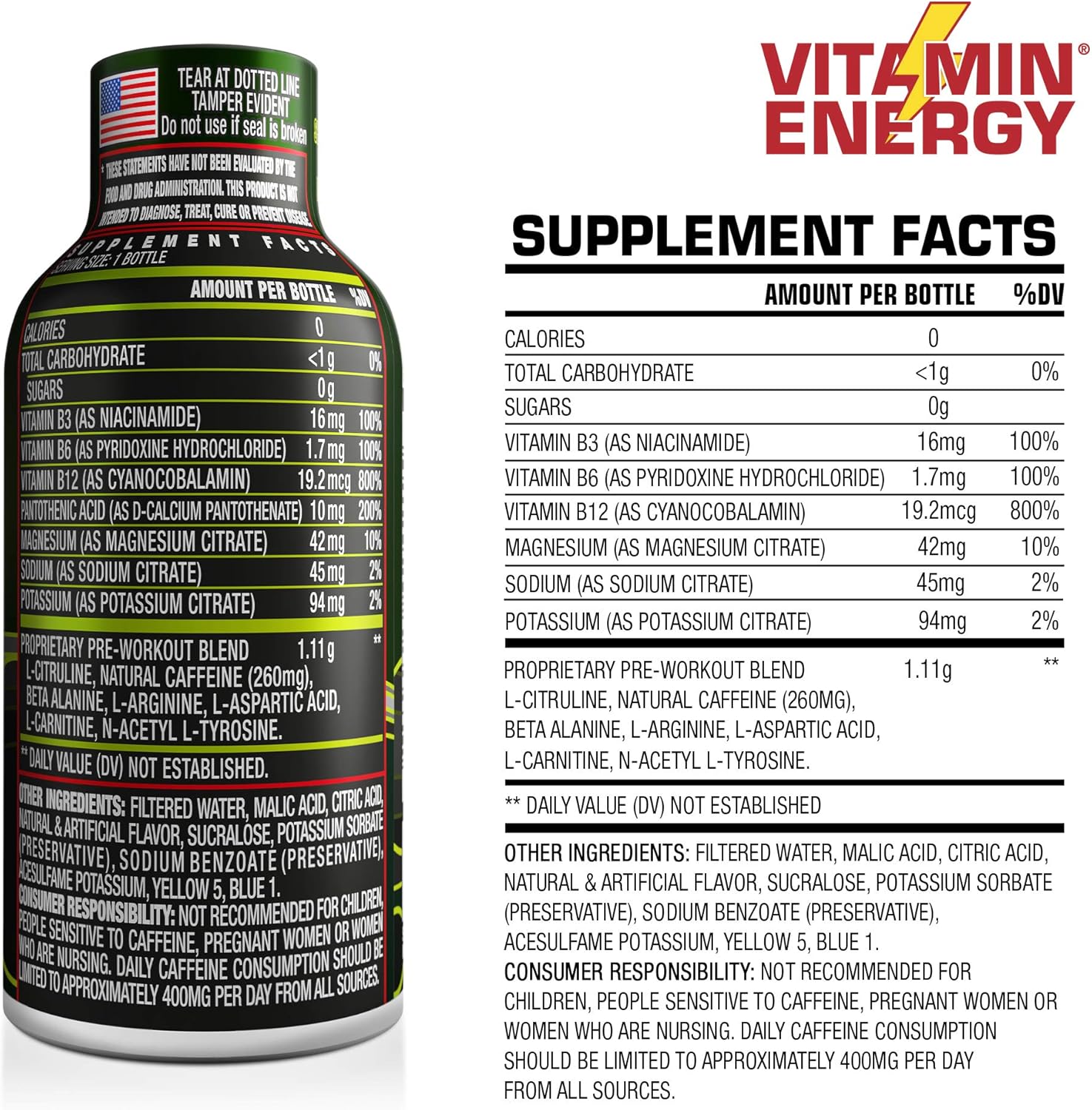 (24 Pack) Vitamin Energy® Preworkout Booster Energy Shots, Sugar-Free Pre-Workout Energy Drink, Lasts up to 7+ Hours, Packed with Caffeine, L-arginine for a Powerful Boost of Energy and Performance : Health & Household