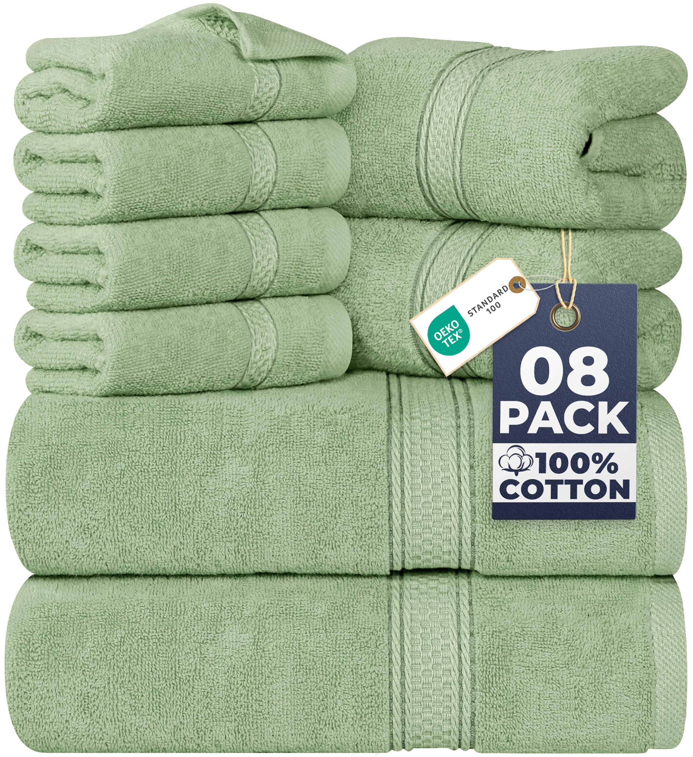 Utopia, Set di 8 asciugamani composto da 2 teli bagno, 2 ospiti e 4 lavette, in 100% cotone filato ad anelli da 600 g/m², altamente assorbenti, per bagno, palestra, hotel e spa (verde salvia)
