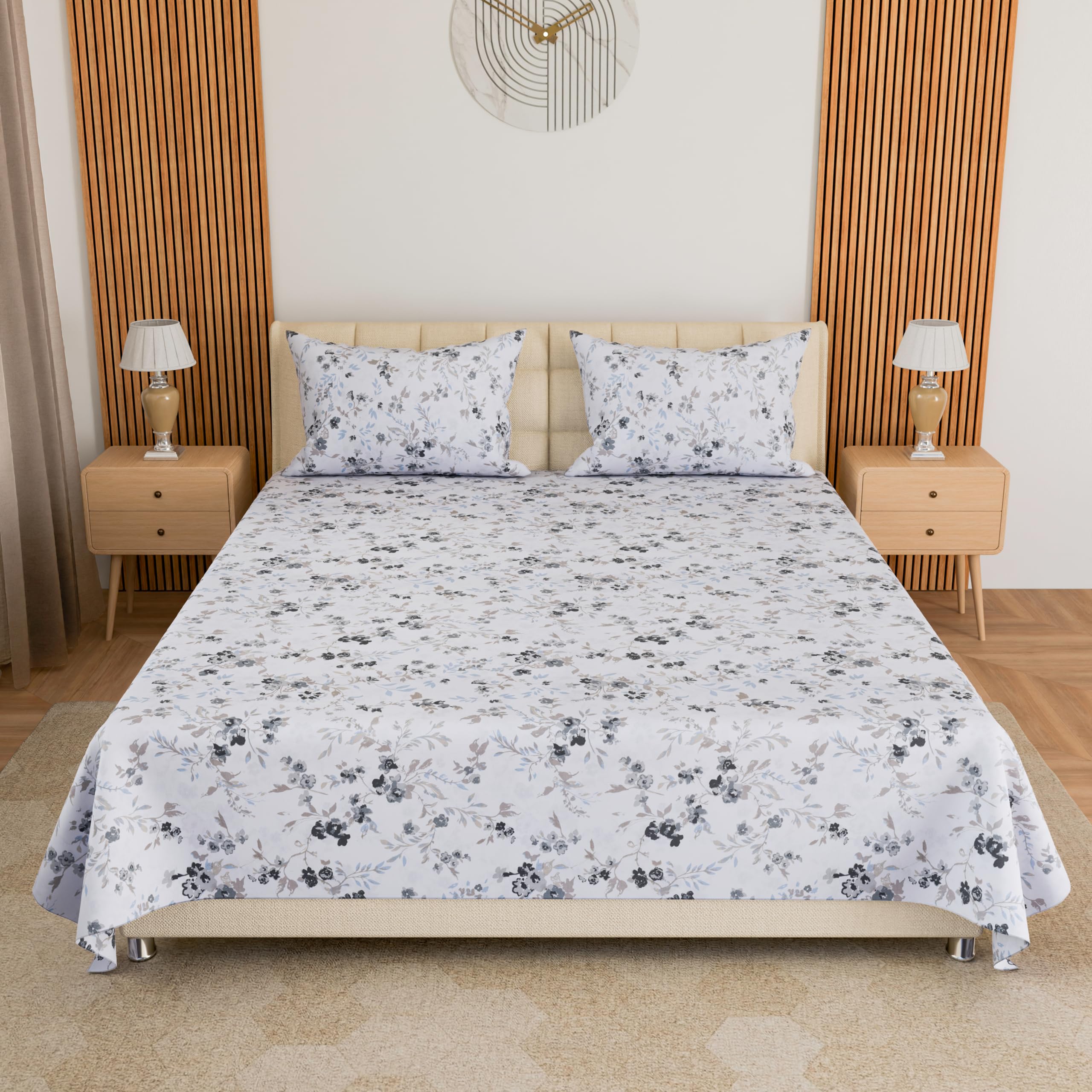 LINENWALAS 100% Cotton Twill Single Size Bedsheet with 1 Pillow Cover | Soft, Breathable & Floral Printed Bedsheet for Single Bed |300 TC | Wrinkle-Resistant, Fade-Proof (152 x 229 CM, Smokey Florals)