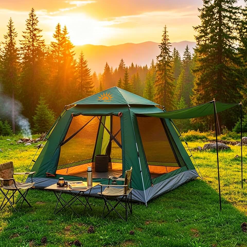 Barraca de Camping 4-6 Pessoas Impermeável Automática com Mosquiteiro, ComVobertura e Proteção Solar Dobrável Camping Equipamentos,Dobrável