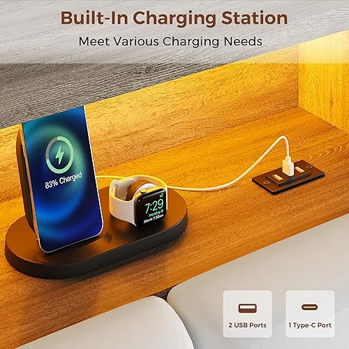 Miniatura 6 de Marco de cama de terciopelo tamaño Queen con cabecera ergonómica, cama de plataforma tapizada con luz LED y estación de carga, soporte de listones