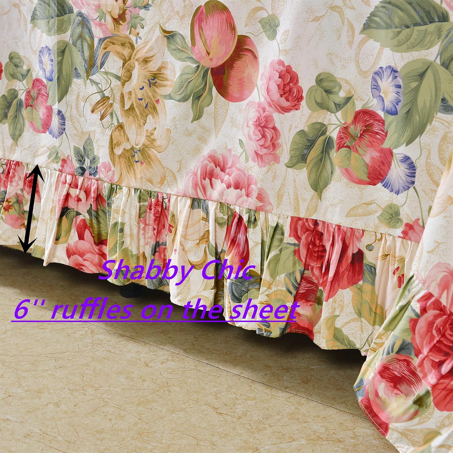 ABREEZE Farmhose Beddding Set Shabby Rose Floral Bed Sheet Sets Luxury Egyptian Sheets Ruffled 4-Piece Bedding Set Super Soft Cotton Deep Pocket Queen Size