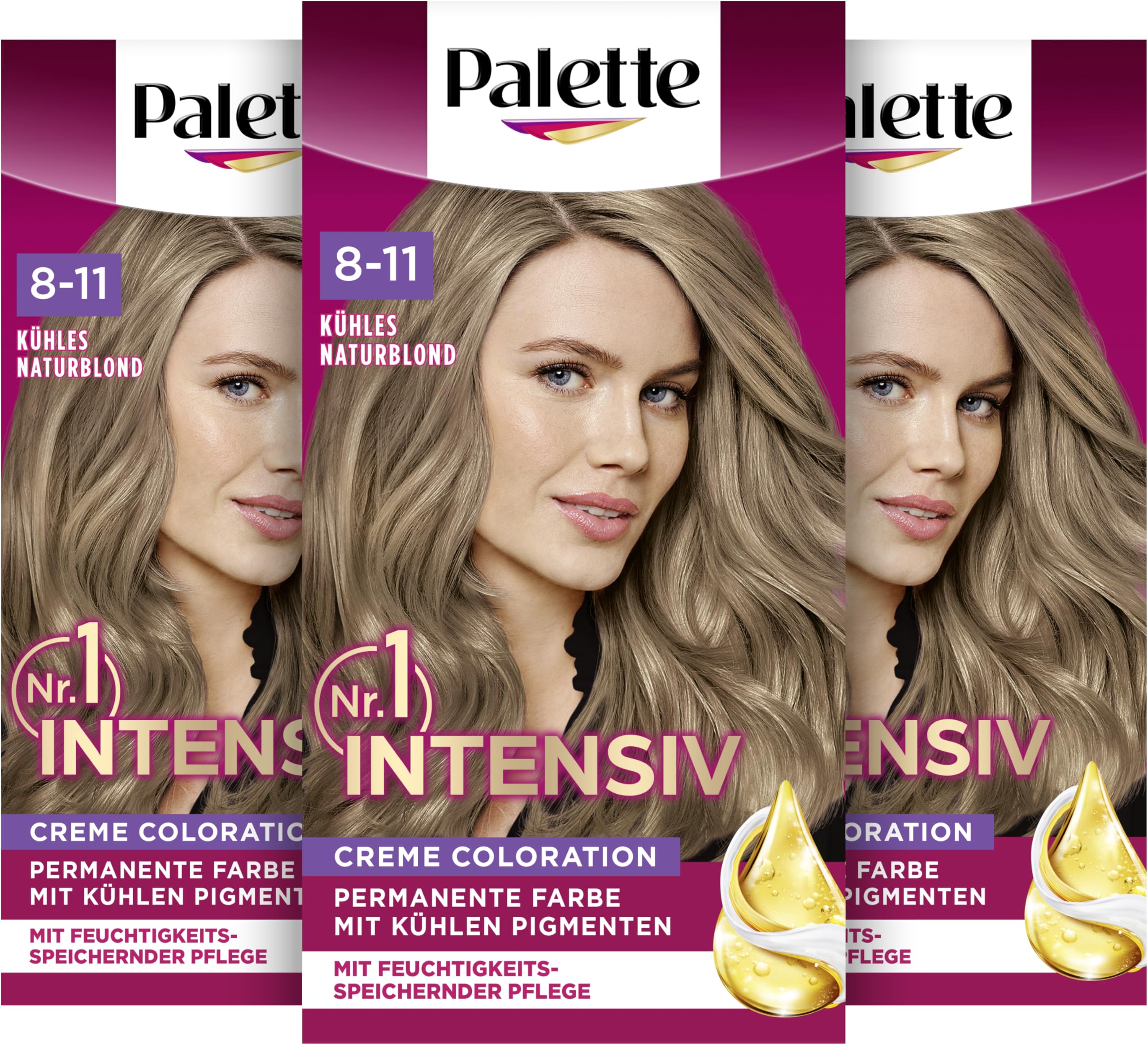 Palette Intensiv Creme Coloration 8-11 Cool Natural Blonde (3 x 115 ml), permanente Haarfarbe für leuchtende, langanhaltende Farbbrillanz & 100% Grauabdeckung