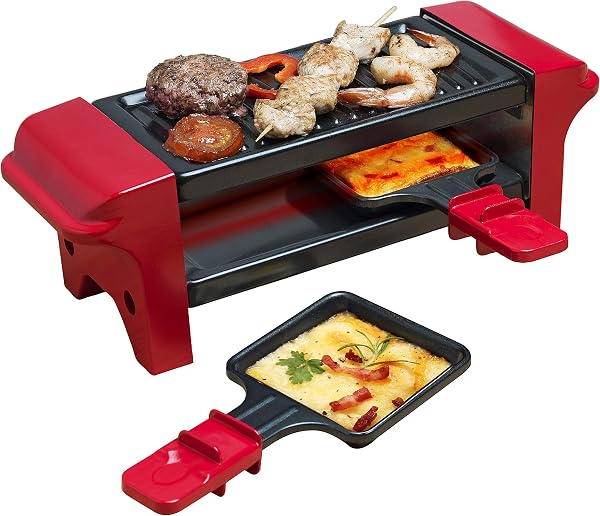 Bestron Appareil a raclette, Mini Grill pour 1 à 2 personnes, avec 2 poêlons et 2 spatules, avec revêtement antiadhésif, 350 Watts, couleur: Rouge/Noir - 2