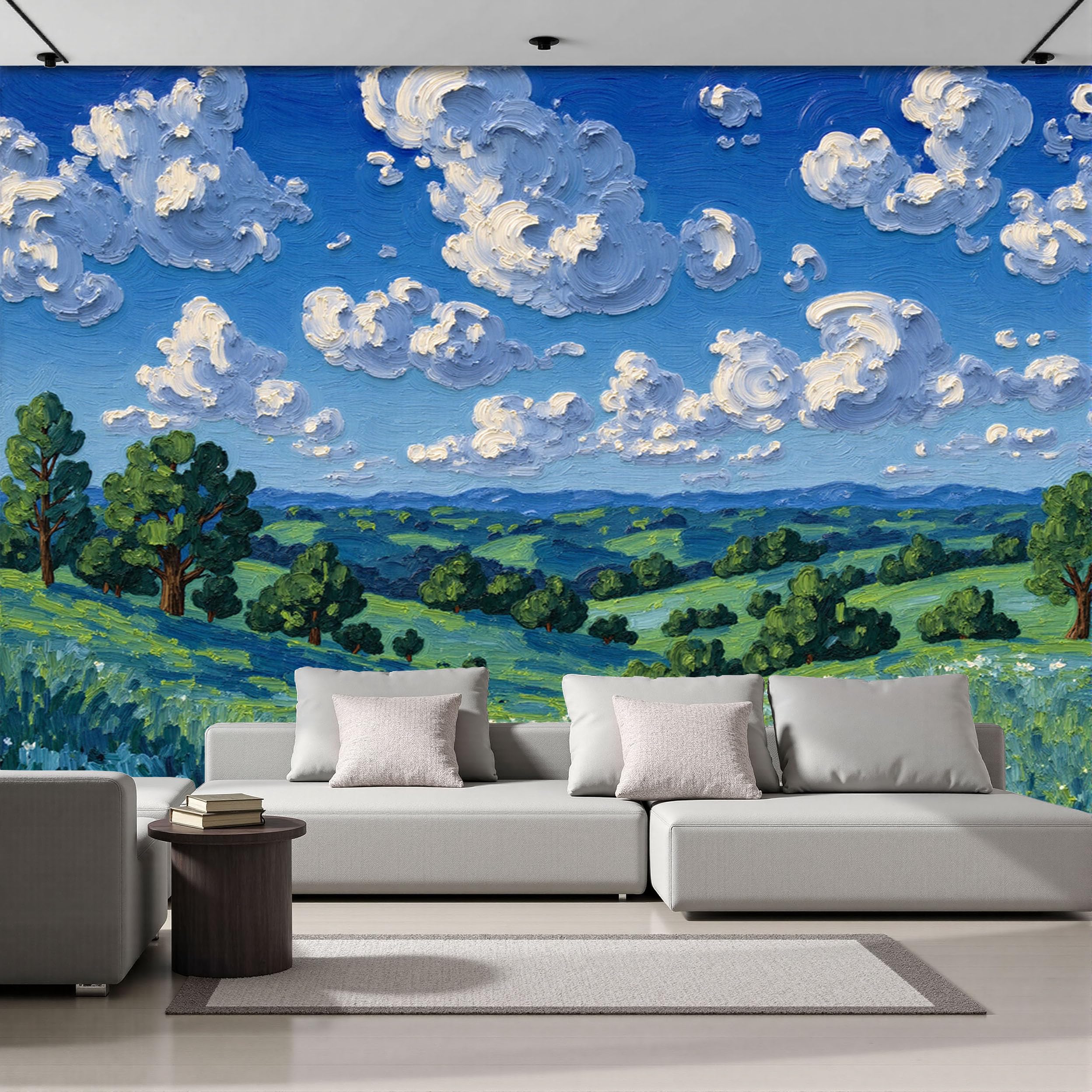 Papier peint panoramique 200x140cm paysage rural bleu-vert pour décorer la chambre enfant ou le bureau