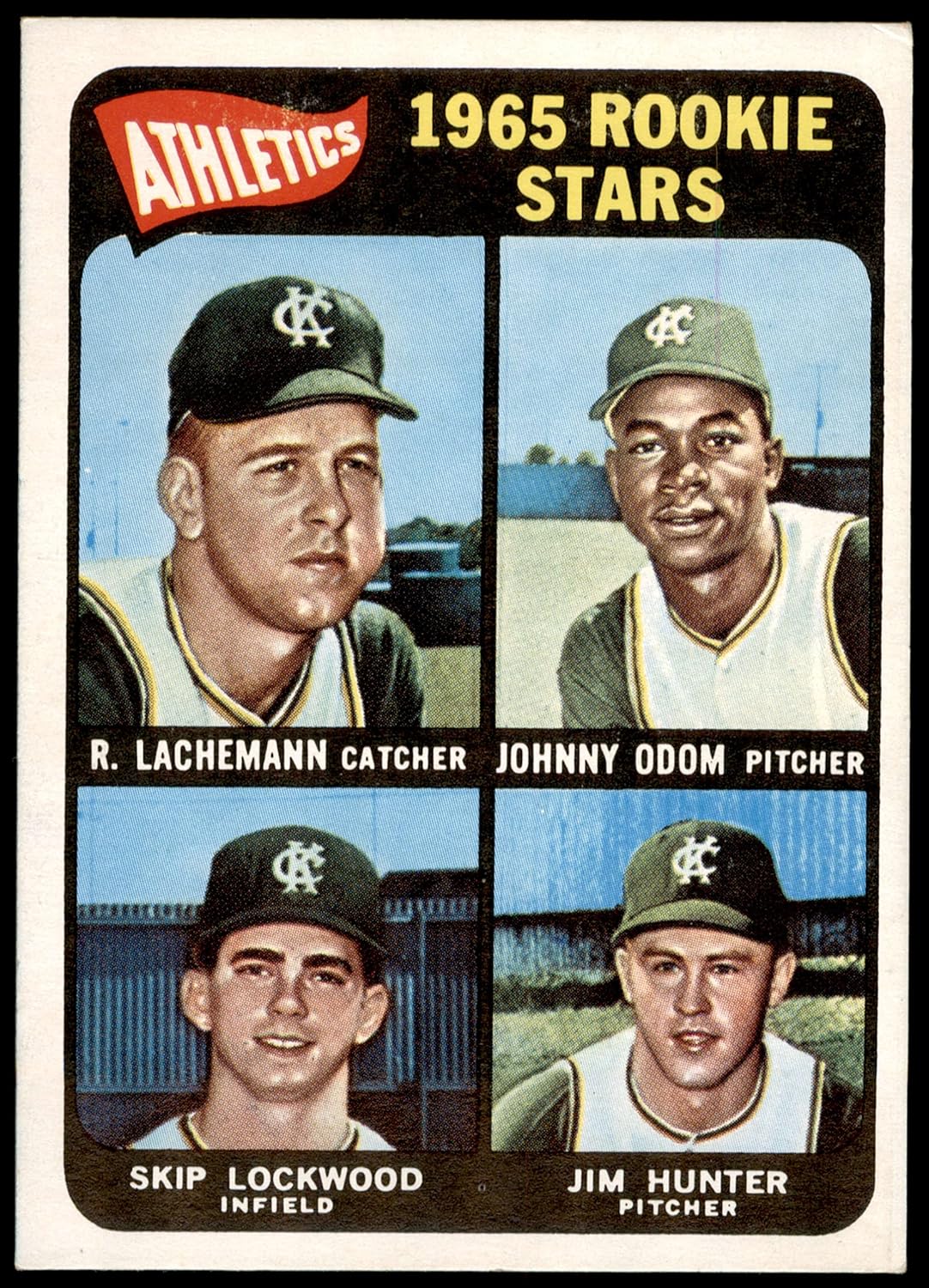 1965 Topps #526 Athletics Rookies Catfish Hunter/Blue Moon Odom/Skip Lockwood/Rene Lachemann Kansas City Athletics (Baseball Card) EX Athletics