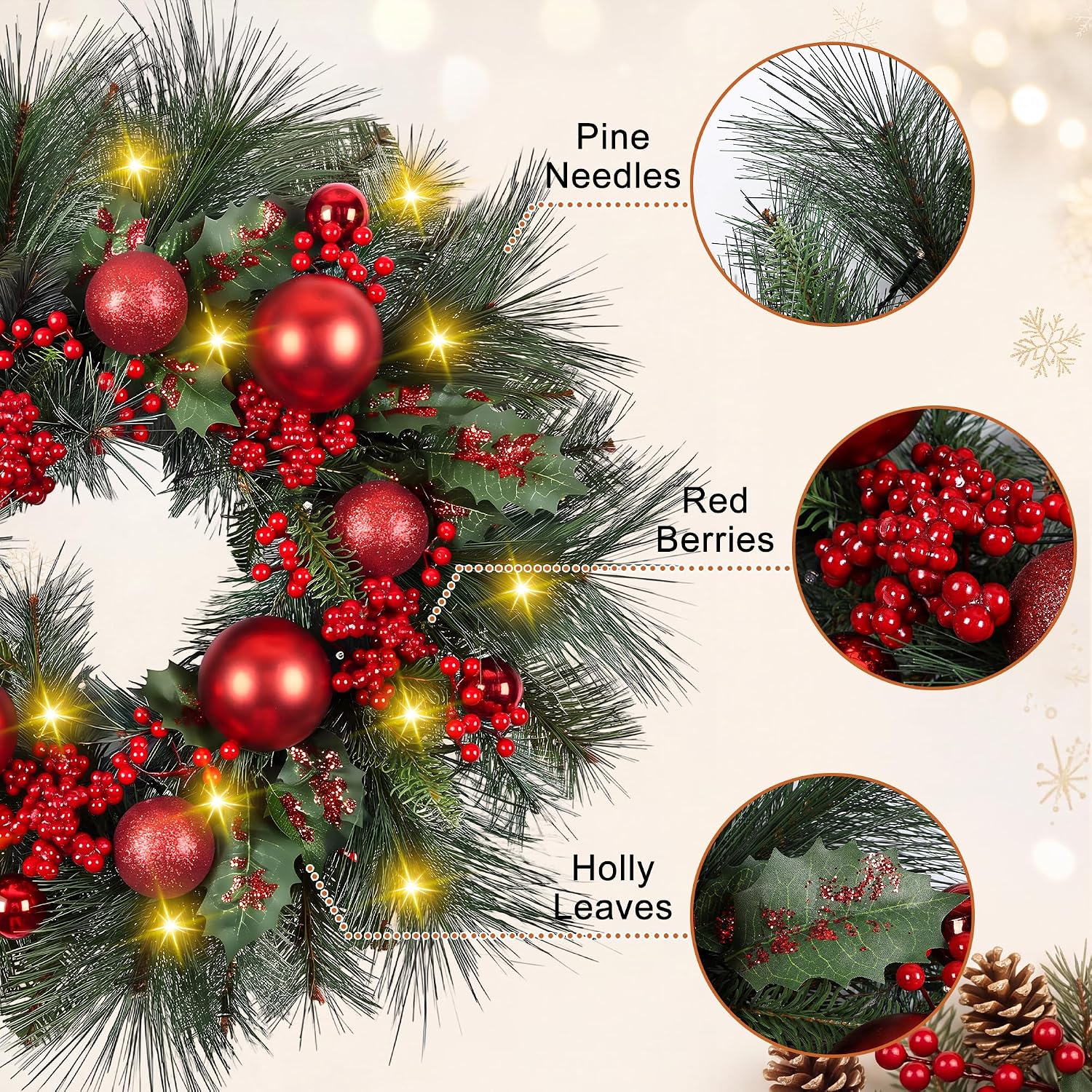 OZFHUA 24in Christmas Wreath with Lights for Front Door with 8 Lights Modes