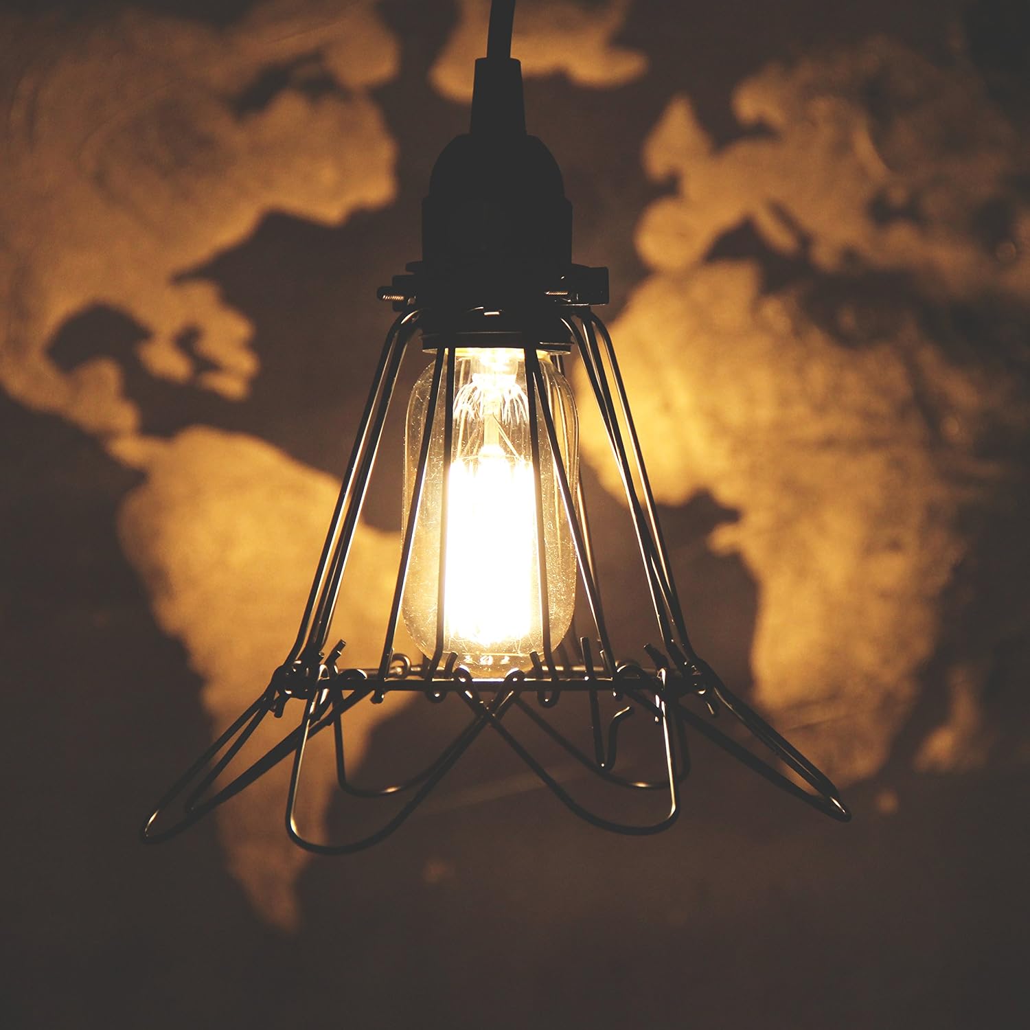 Rustic State Adjustable Metal Wire Hanging Pendant Light Cage, Lamp Shade, Bulb Cover Guard, Lighting Fixture - Industrial Vintage DIY Project for Home Office Bar Restaurant - Set of 4 - Black