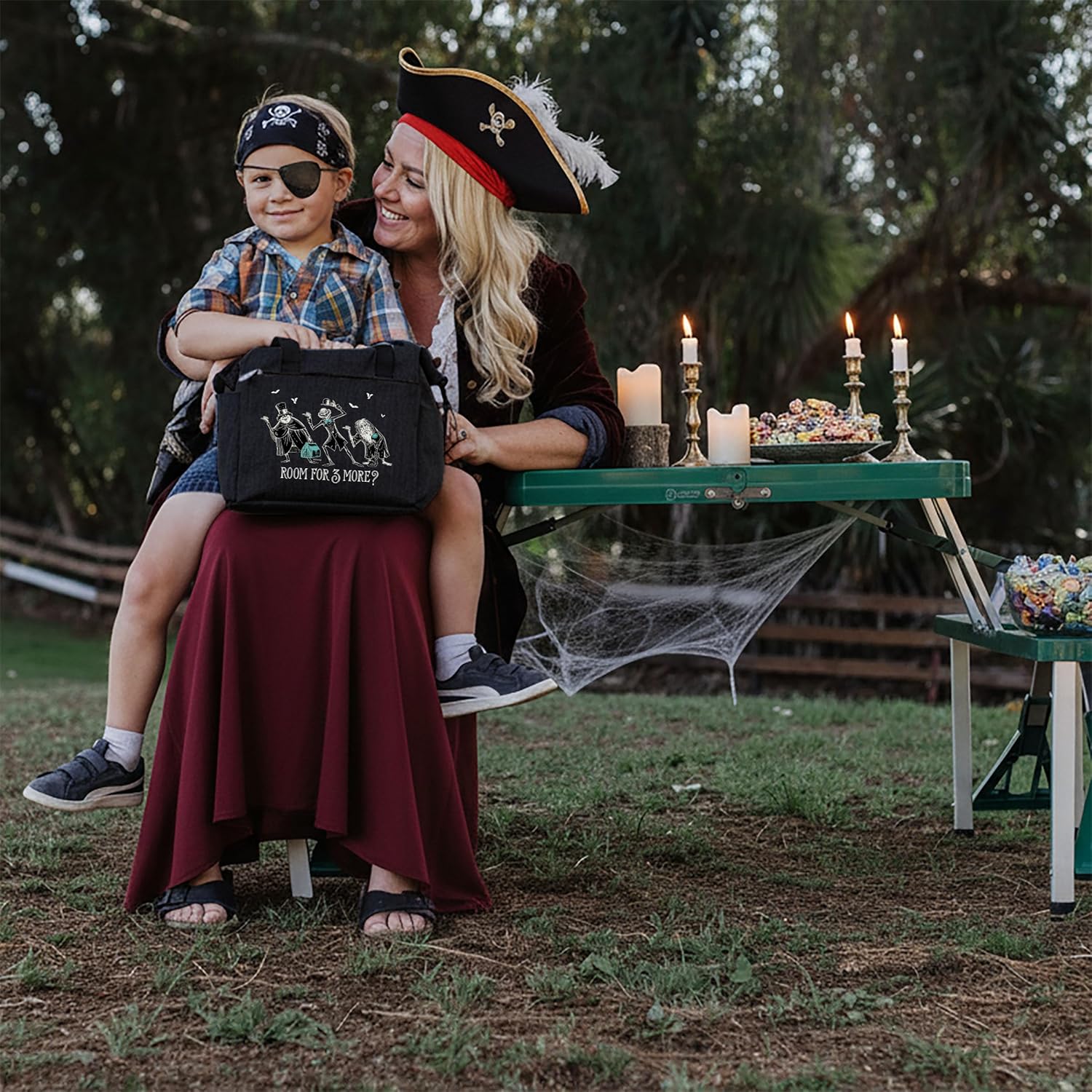 PICNIC TIME Disney Haunted Mansion Room For 3 More On The Go Lunch Bag Cooler, Insulated Soft Lunch Box with Expandable Dual Compartments for Work and Travel, (Black)