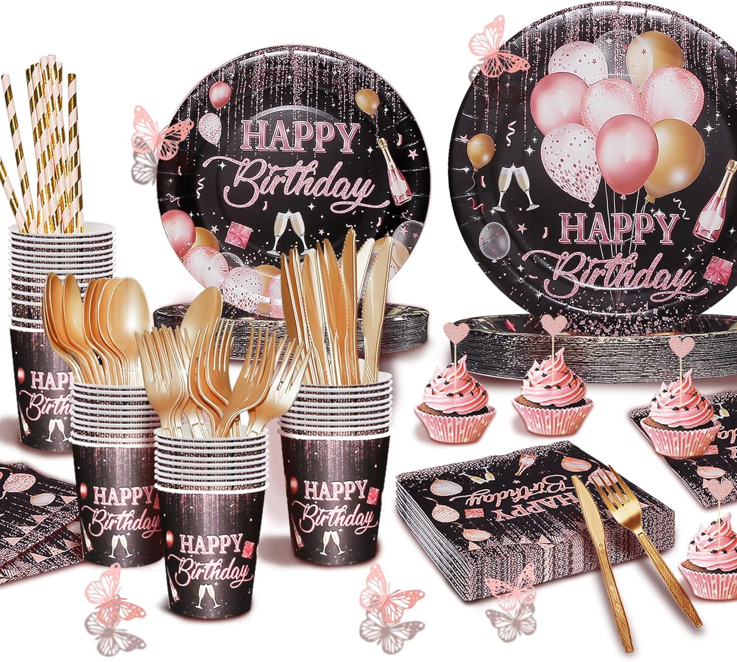 Party Spot! Black Pink Birthday Decorations For Women ,Rose Gold and Black Party Decorations Kit,Happy Birthday Supplies Set-Tableware Pack, Balloon Pump, Banner, Fringe Curtain For 12 Guest - Image 5