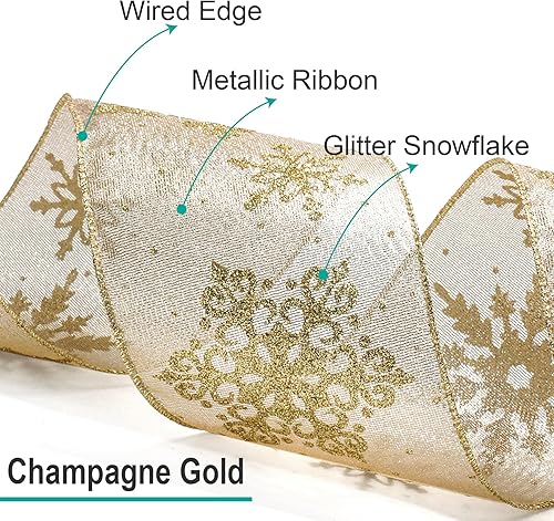 Miniatura 3 de CT CRAFT LLC Tela metálica dorada champagne con cinta de copo de nieve dorado con alambre de 2.5 pulgadas x 10 yardas para decoración del hogar de