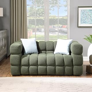 Modern Bubble Sofa Couch, Cloud Couch with 2 Pillows, Bouclé Fabric Comfy Loveseat Sofa, Decor Furniture for Small Spaces Living Room Bedroom Office Apartment-Olive Green