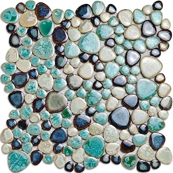 Ceramic Pebble Mosaic Tile, Ocean Blue, Cream & Coffee, 10 Sq Ft
