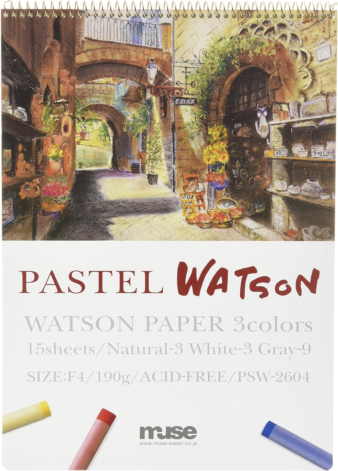 Muse PSW-2604 F4 Pastel Watson Book F4 Pastel Paper, 6.7 oz (190 g), White, Natural, Gray, Pack of 15