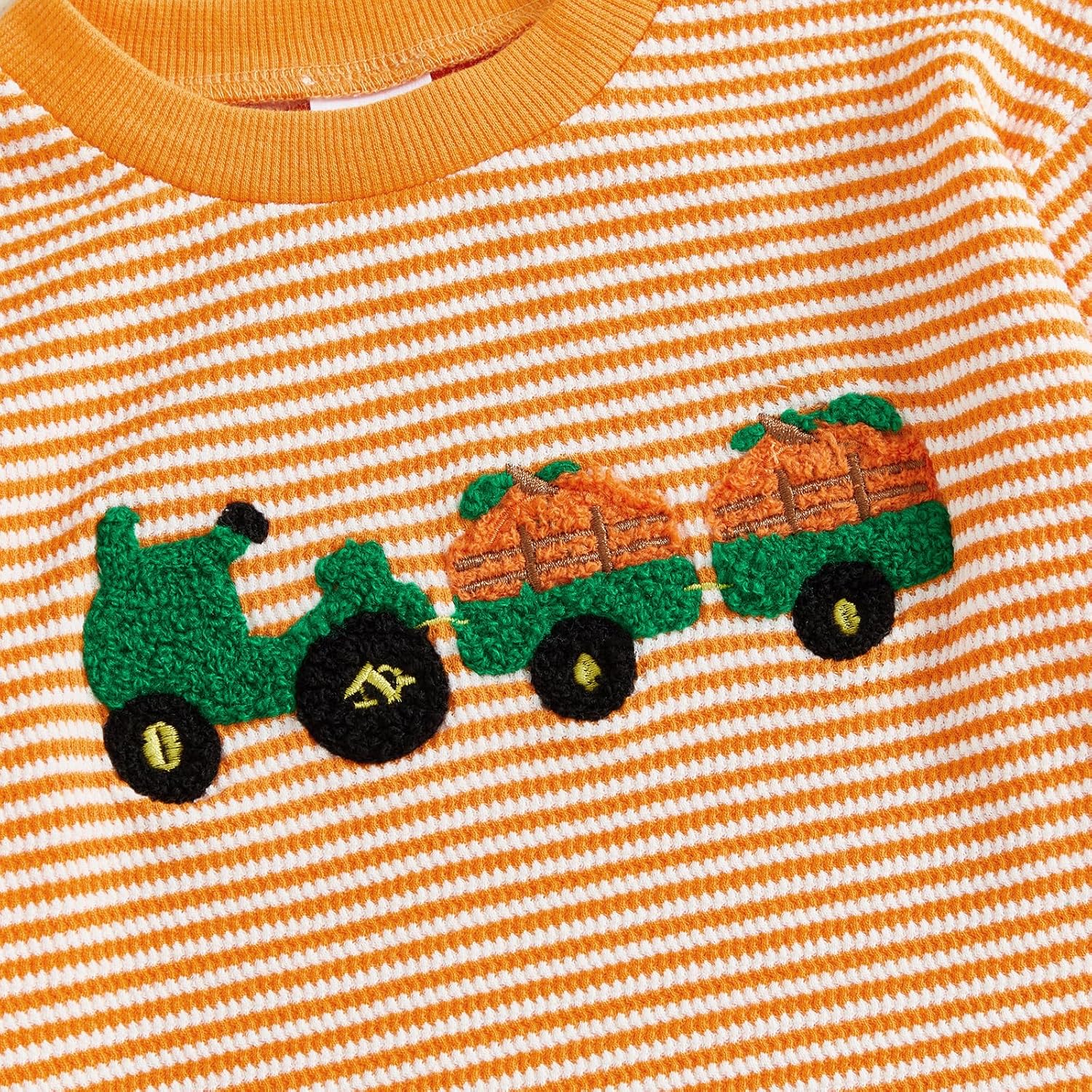 Newborn Baby Boy Halloween Outfit Pumpkin Tractor Embroidery Striped Bubble Romper Long Sleeve Waffle Knit Bodysuit - Image 7