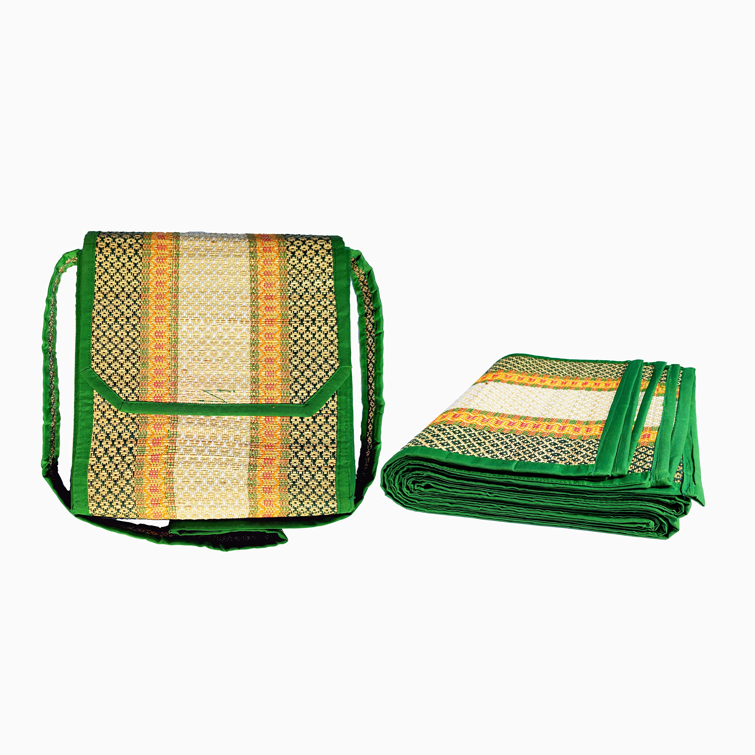 Handmade 3 fold chatai mats Home korai Grass mat Natural kusha Grass madur Kathi mat eco Friendly darbha korai pai Sitting Sleeping Floor mat as Yoga mat with 1 Carrying Hand Bag (Green-White)-image-20