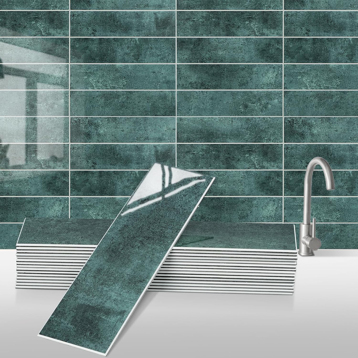 24-Pieces Peel and Stick Tiles for Kitchen Backsplash, New Upgrade Design 12" x 3"SPC Subway Backsplash Tiles, Marble Blue Premium Finger Tiles (Blue).