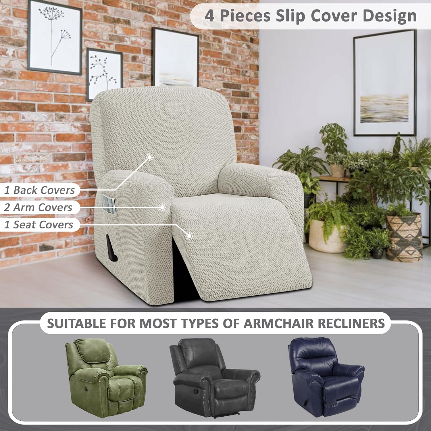 ULTICOR 4-Piece, 1 Seat Recliner Cover, Jacquared Stretch Reclining Chair Covers for 1 Cushion Reclining Sofa, Single Seat Recliner Couch Cover, Soft, Machine Washable (Style 3) (Ivory)