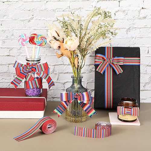 Miniatura 5 de WILLBOND 6 rollos de cintas de serape con rayas arcoíris mexicanas de 1 pulgada, cinta colorida de grogrén para fiestas, manualidades, decoración,