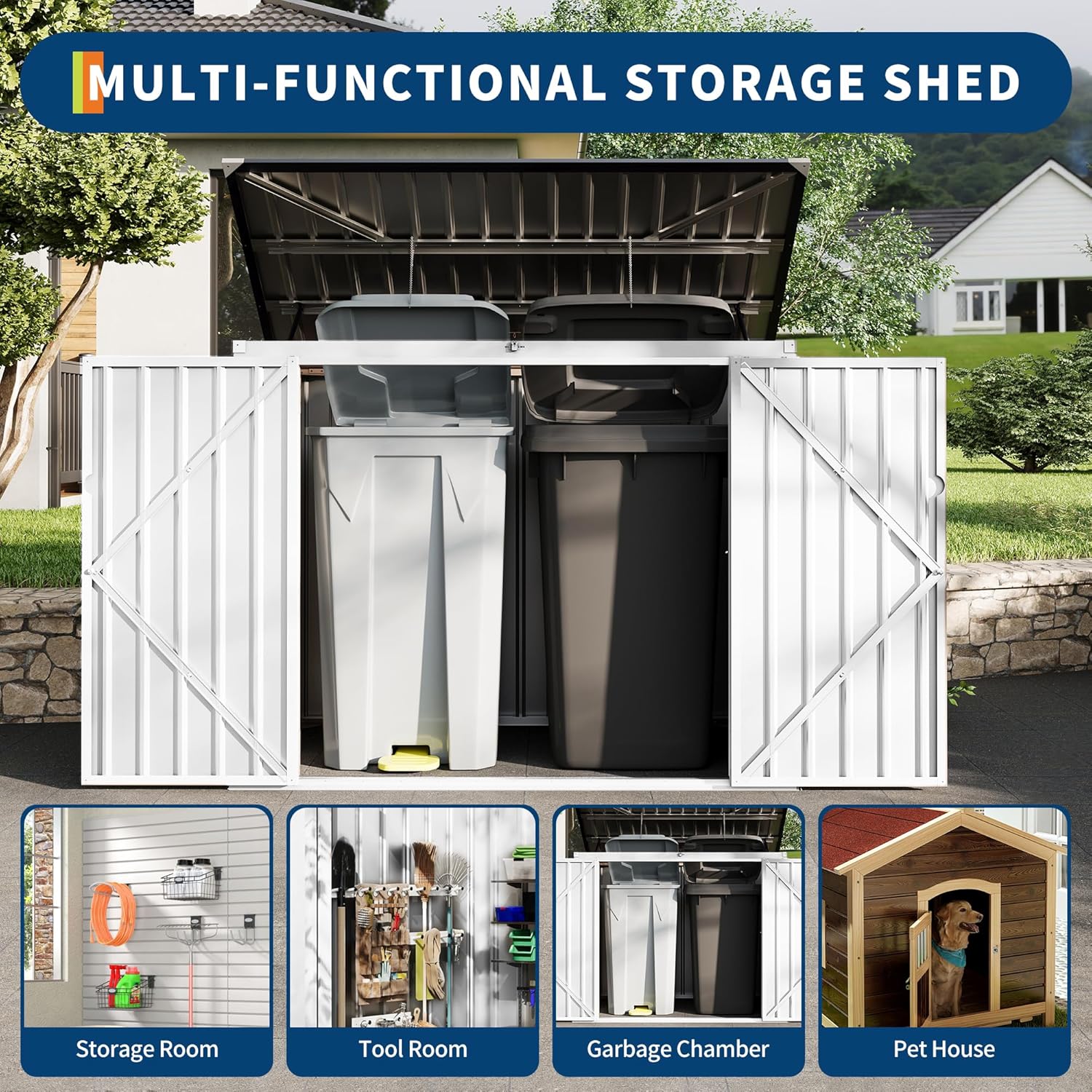 Garvee 2 Trash Cans Metal Outdoor Storage, 3x6 FT Garbage Bin Storage Shed with Chain Lid