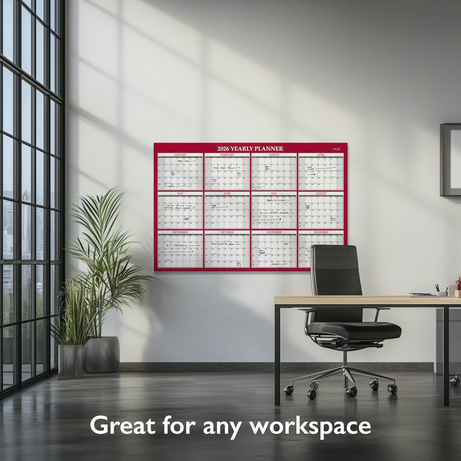 Blue Sky 2026 Laminated Erasable Wall Calendar, Double Sided With Two Monthly Layouts, 48" x 32", Perfect For Workplace And Classrooms, With Pen, Classic Red