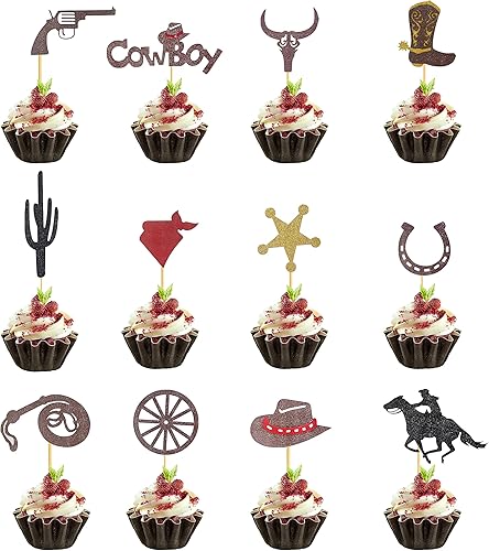 60 piezas de adornos para cupcakes de vaquero, con purpurina occidental, rodeo occidental, para cupcakes, zapatos de caballo, sombreros de vaquero,